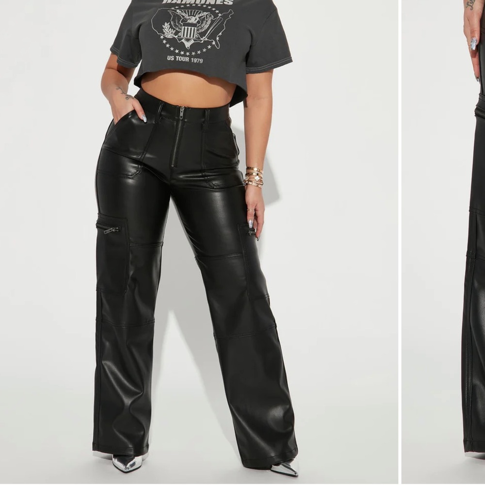 Straight leg faux leather pant- Black
